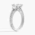 Marquise Three Stone Engraved Lab Diamond Engagement Ring In Platinum, Angle View