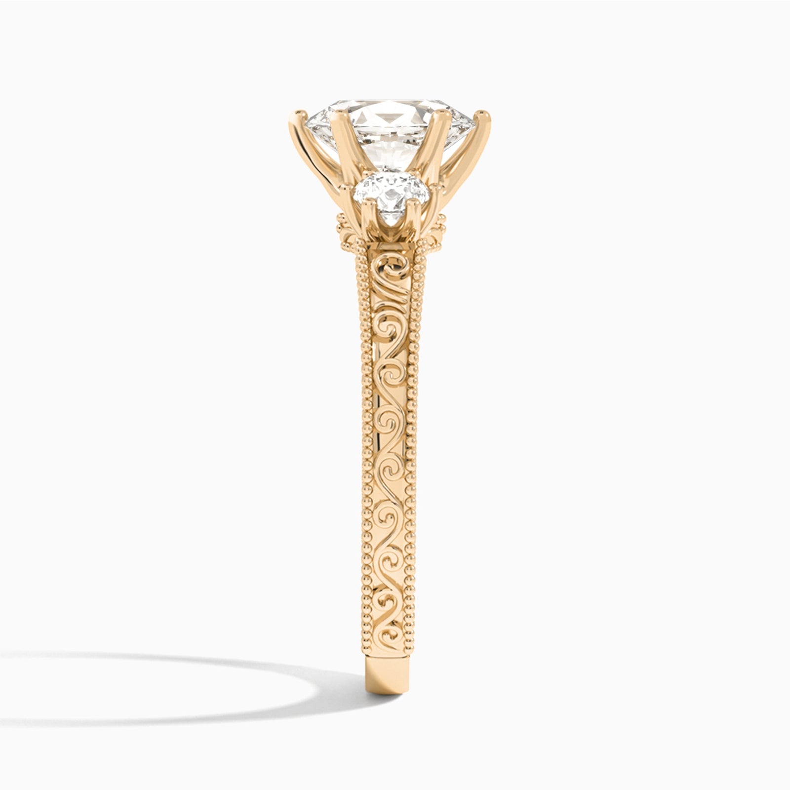 Oval Three Stone Engraved Lab Diamond Engagement Ring In 14K Rose Gold, Side View