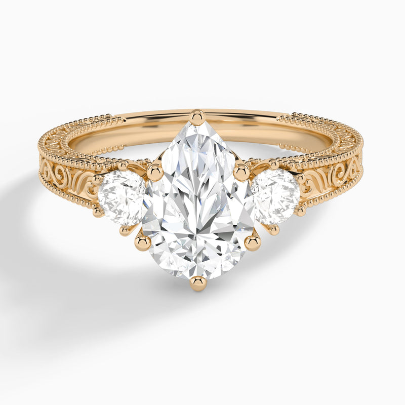 Pear Three Stone Engraved Lab Diamond Engagement Ring In 14K Rose Gold - Lucenjuri