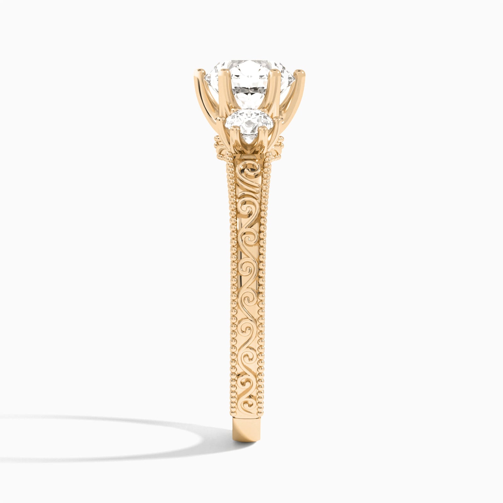 Round Three Stone Engraved Lab Diamond Engagement Ring In 14K Rose Gold, Side View