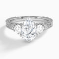 Pear Three Stone Engraved Lab Diamond Engagement Ring In 14K White Gold - Lucenjuri