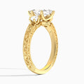 Marquise Three Stone Engraved Lab Diamond Engagement Ring In 14K Yellow Gold, Angle View