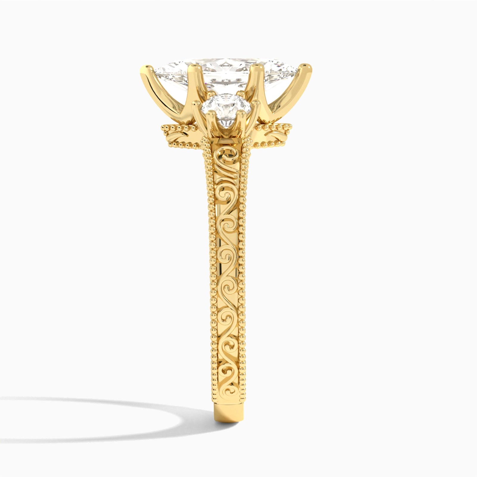 Marquise Three Stone Engraved Lab Diamond Engagement Ring In 14K Yellow Gold, Side View