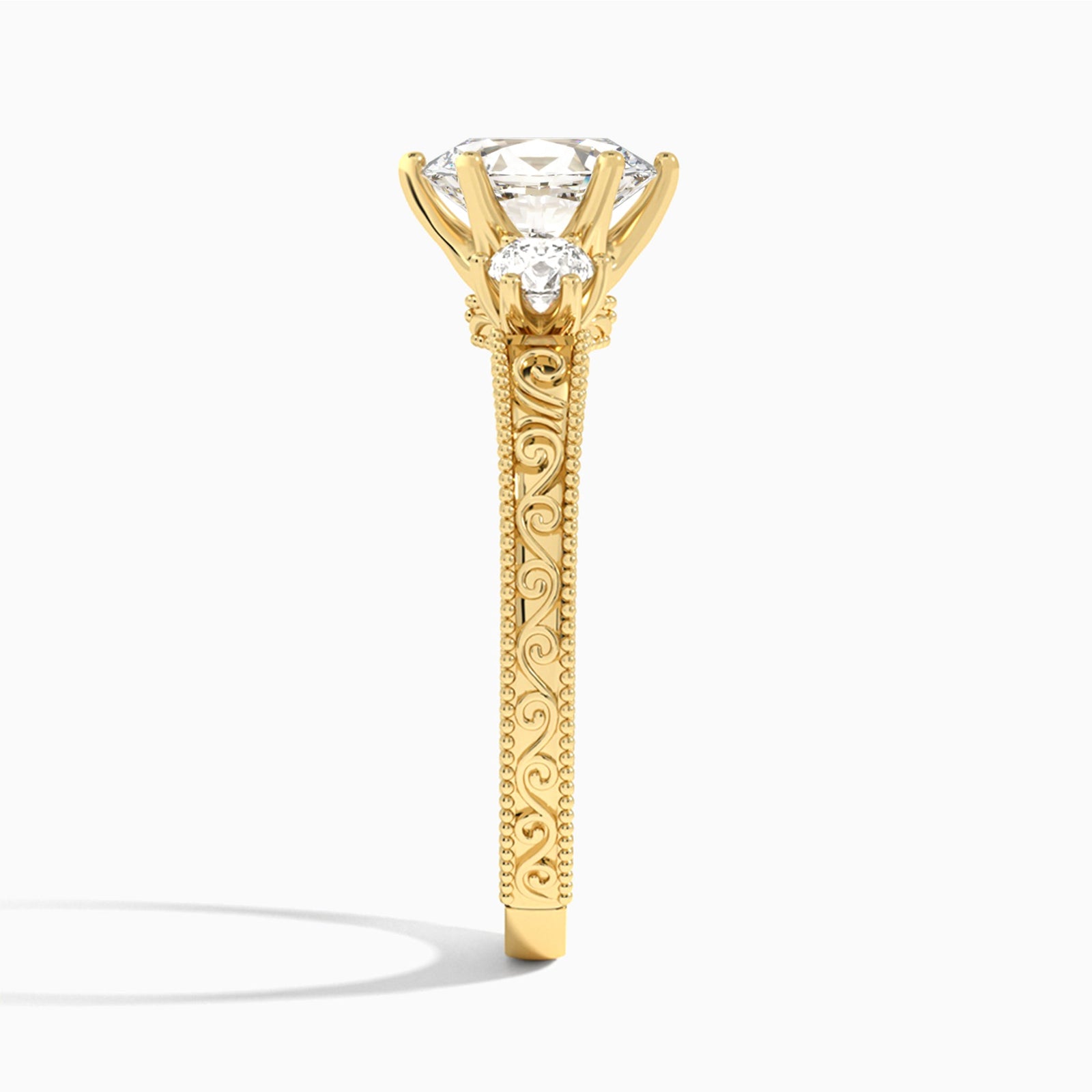 Oval Three Stone Engraved Lab Diamond Engagement Ring In 18K Yellow Gold, Side View