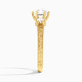 Round Three Stone Engraved Lab Diamond Engagement Ring In 14K Yellow Gold, Side View