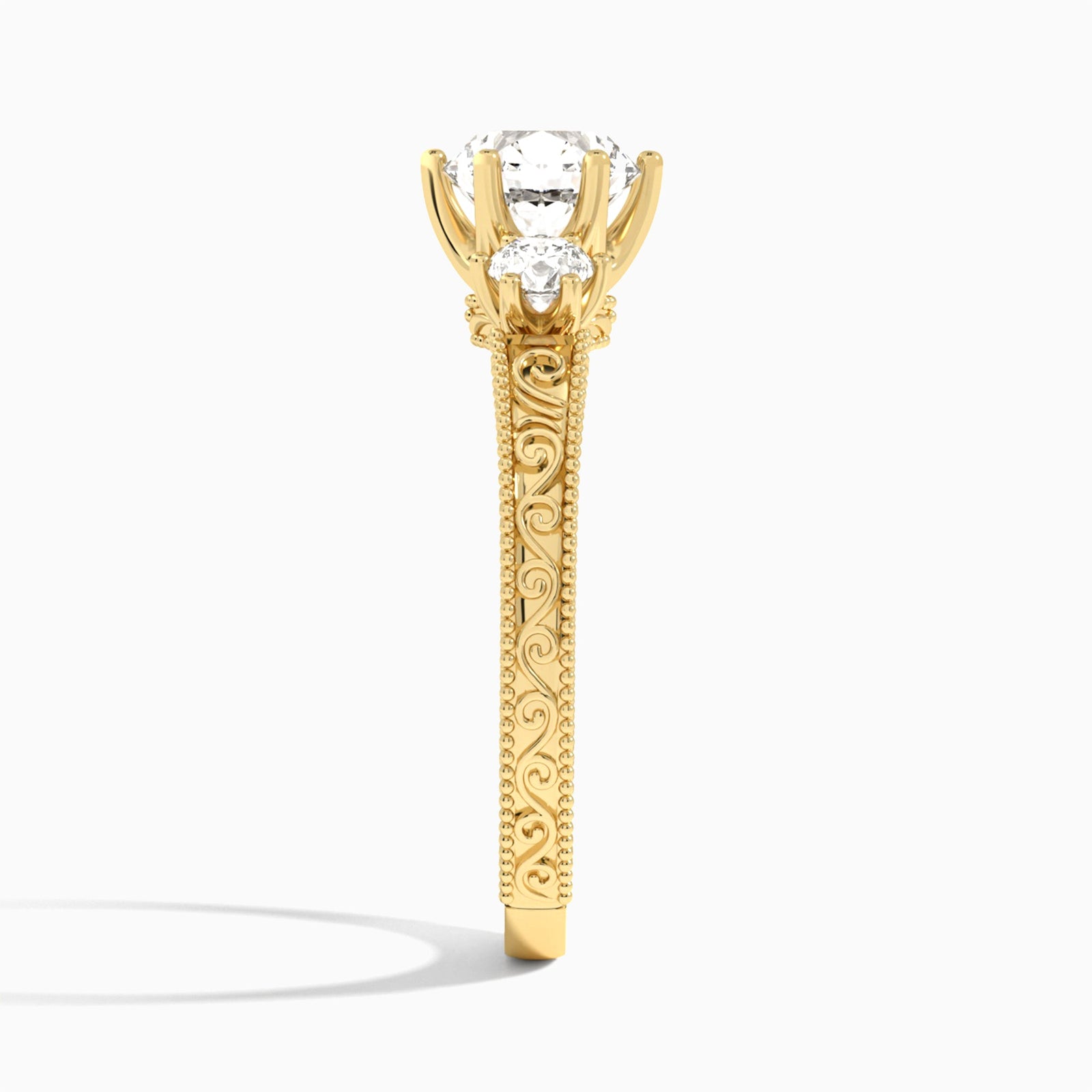 Round Three Stone Engraved Lab Diamond Engagement Ring In 14K Yellow Gold, Side View