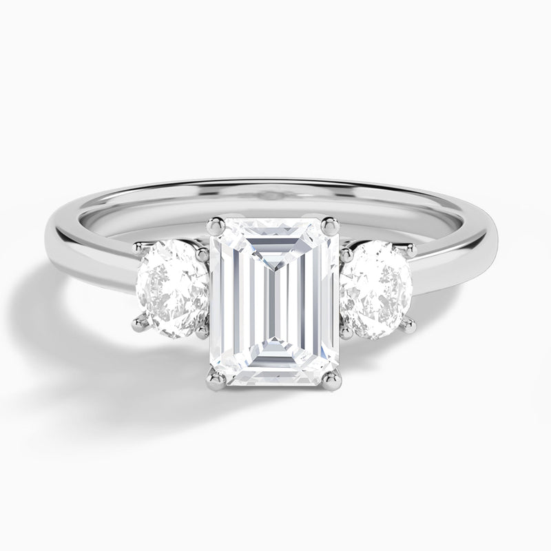 Emerald Sonata Three Stone Lab Diamond Engagement Ring In 14K White Gold - Lucenjuri