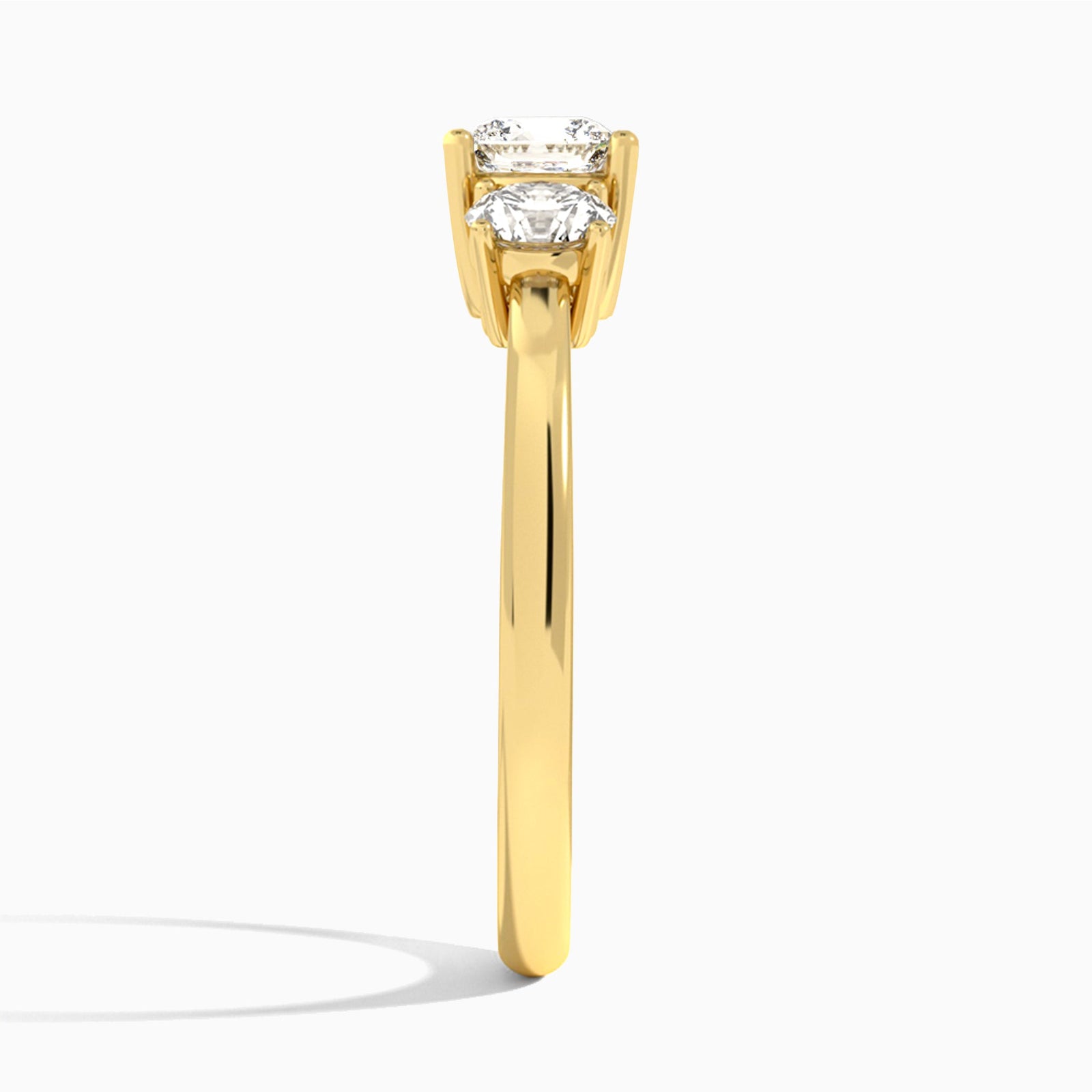 Cushion Sonata Three Stone Lab Diamond Engagement Ring In 14K Yellow Gold, Side View