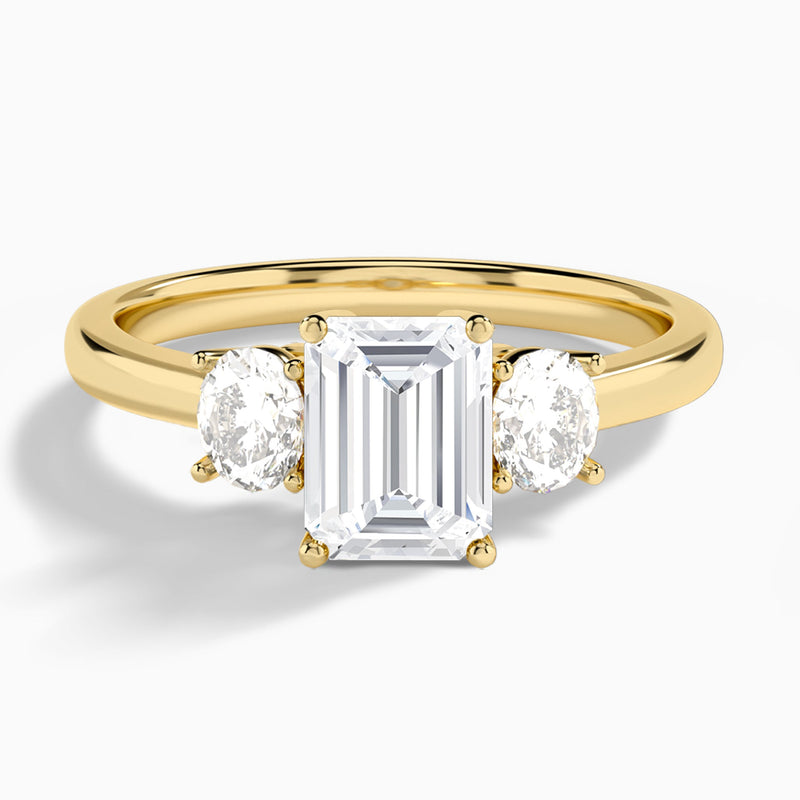 Emerald Sonata Three Stone Lab Diamond Engagement Ring In 18K Yellow Gold - Lucenjuri