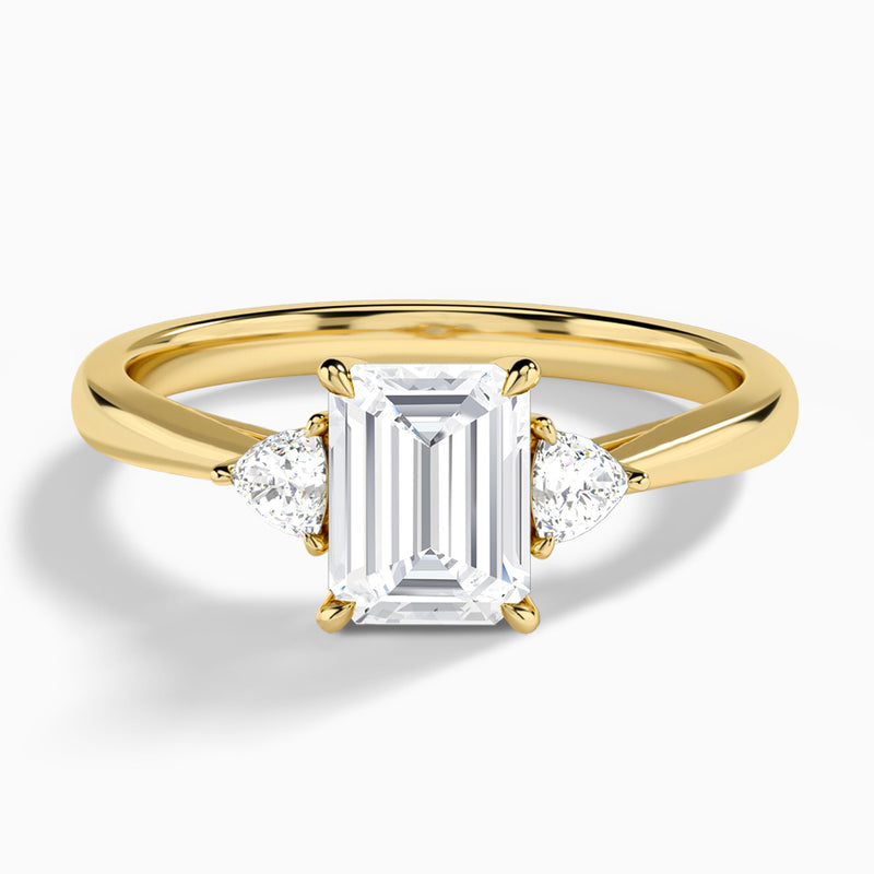 Emerald Trillion Cut Three Stone Lab Diamond Engagement Ring In 14K Yellow Gold - Lucenjuri