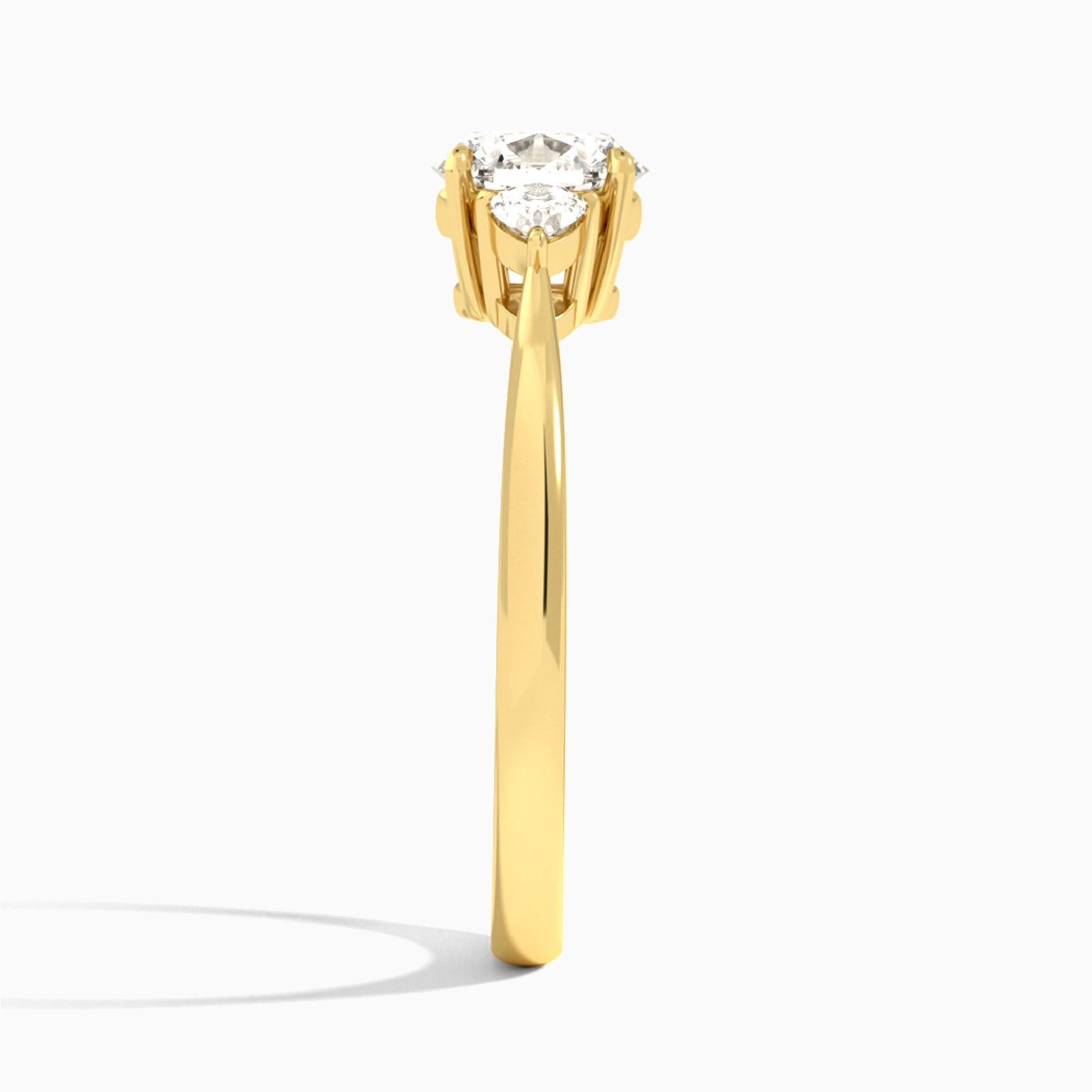 Round Trillion Cut Three Stone Lab Diamond Engagement Ring In 14K Yellow Gold, Side View