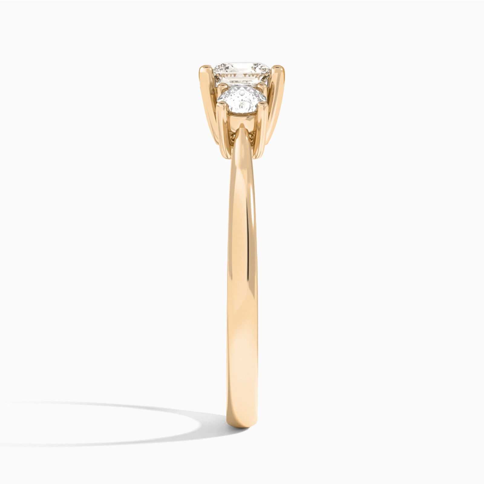 Cushion Concerto Three Stone Lab Diamond Engagement Ring In 14K Rose Gold, Side View