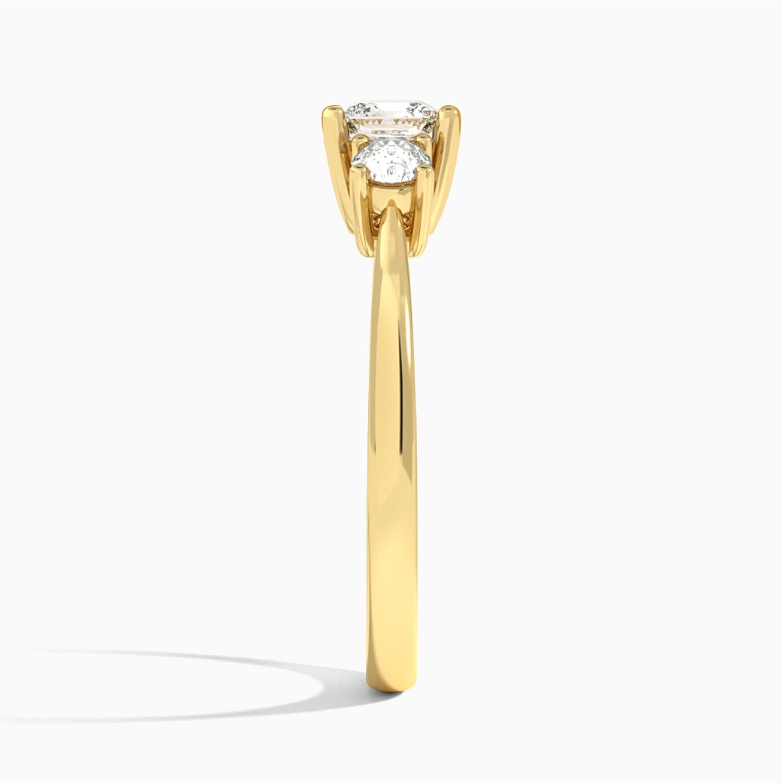 Cushion Concerto Three Stone Lab Diamond Engagement Ring In 14K Yellow Gold, Side View