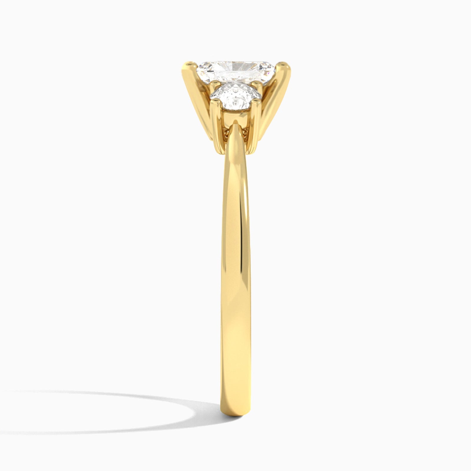 Radiant Concerto Three Stone Lab Diamond Engagement Ring In 18K Yellow Gold, Side View