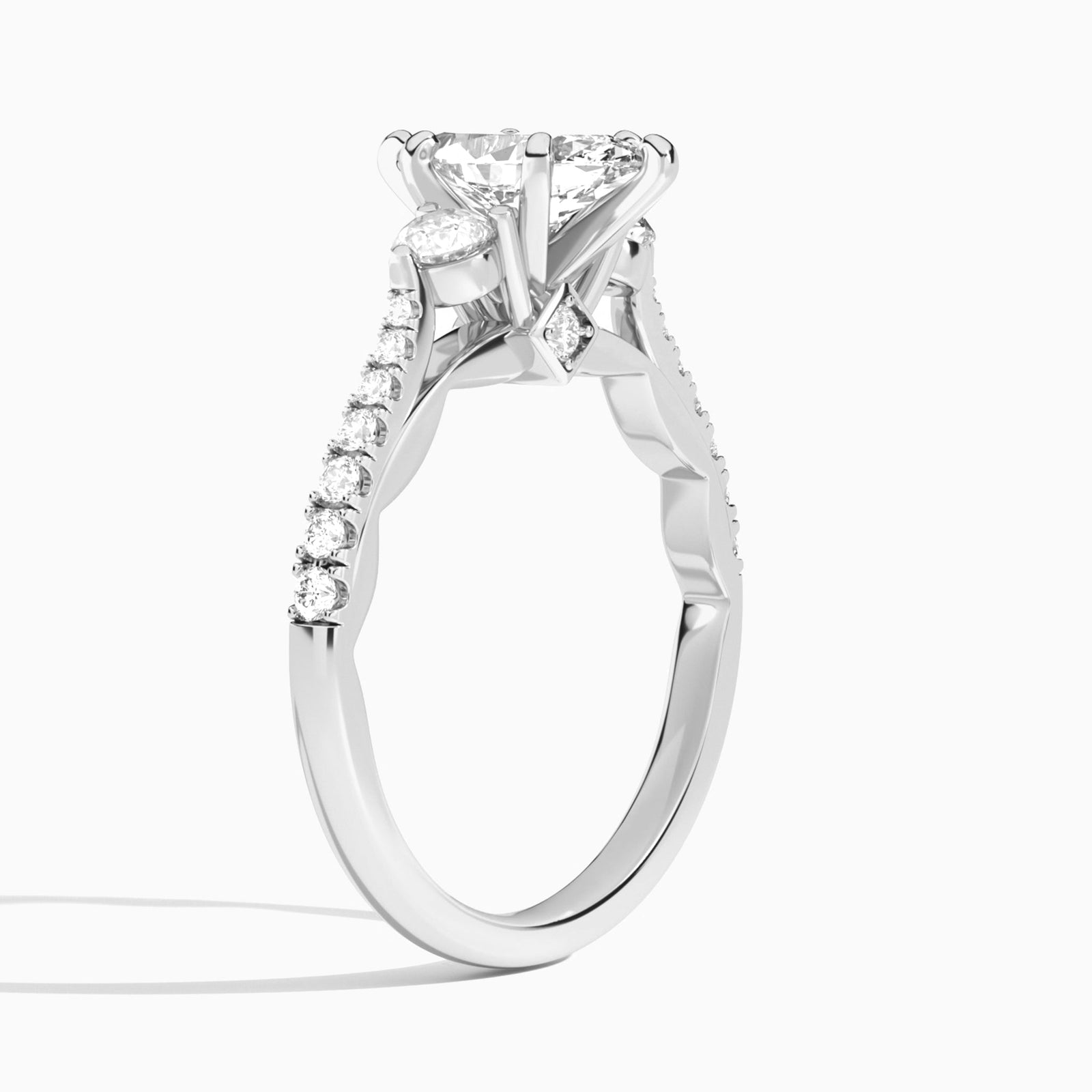 Marquise Tressa Three Stone Lab Grown Diamond Engagement Ring In Platinum, Angle View