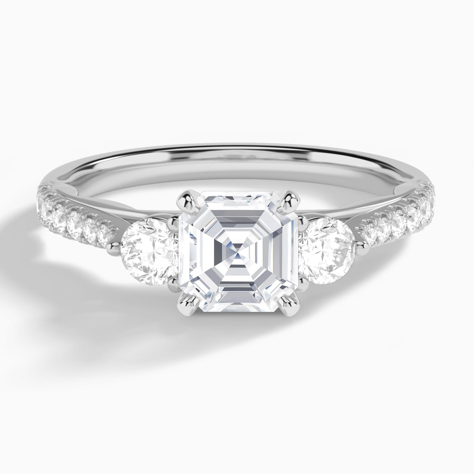 Asscher Tressa Three Stone Lab Diamond Engagement Ring In 18K White Gold - Lucenjuri