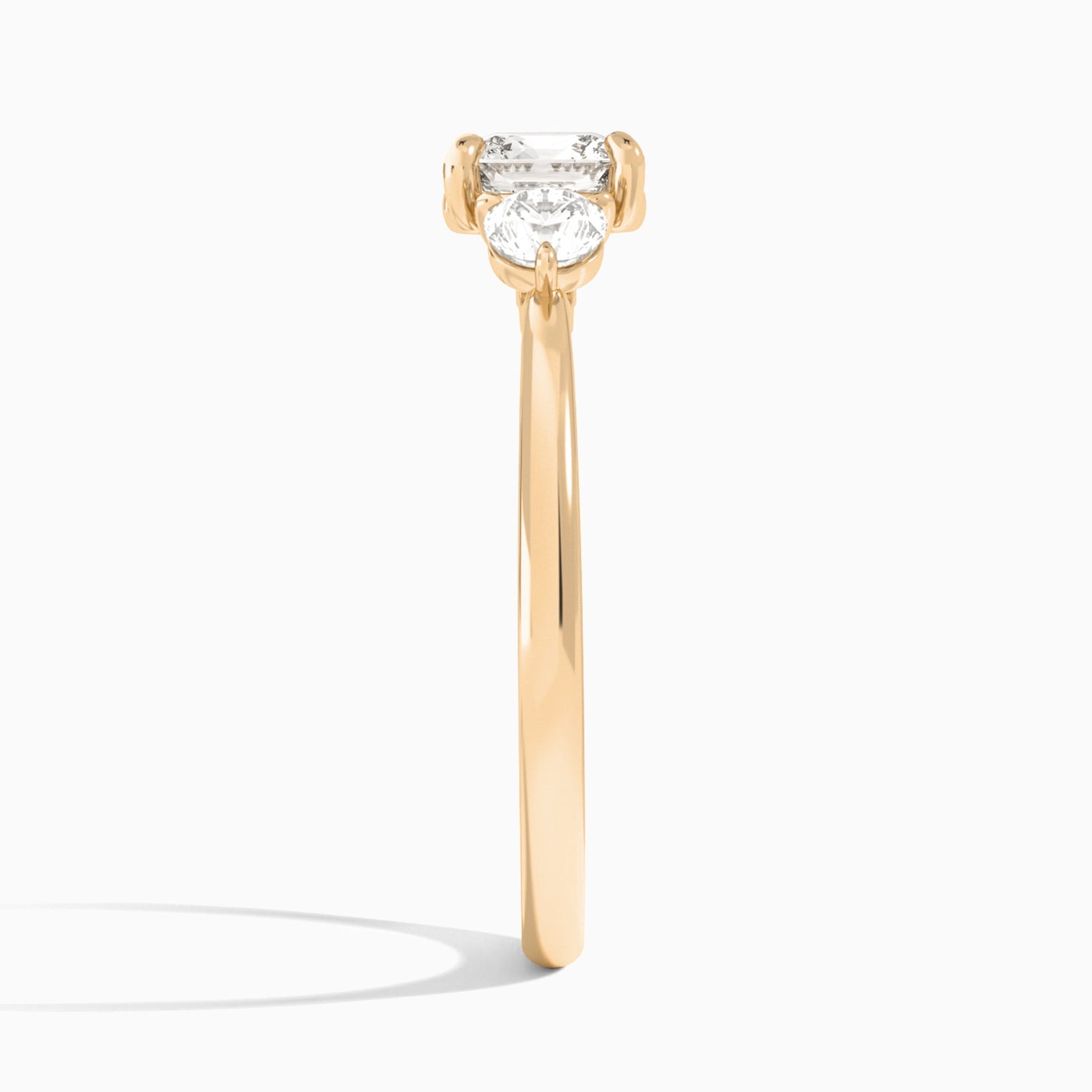 Cushion Fiona Three Stone Lab Diamond Engagement Ring In 14K Rose Gold, Side View