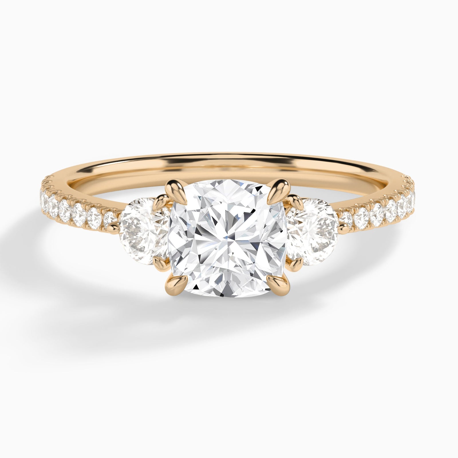 Cushion Luxe Three Stone Pavé Lab Diamond Engagement Ring In 14K Rose Gold - Lucenjuri
