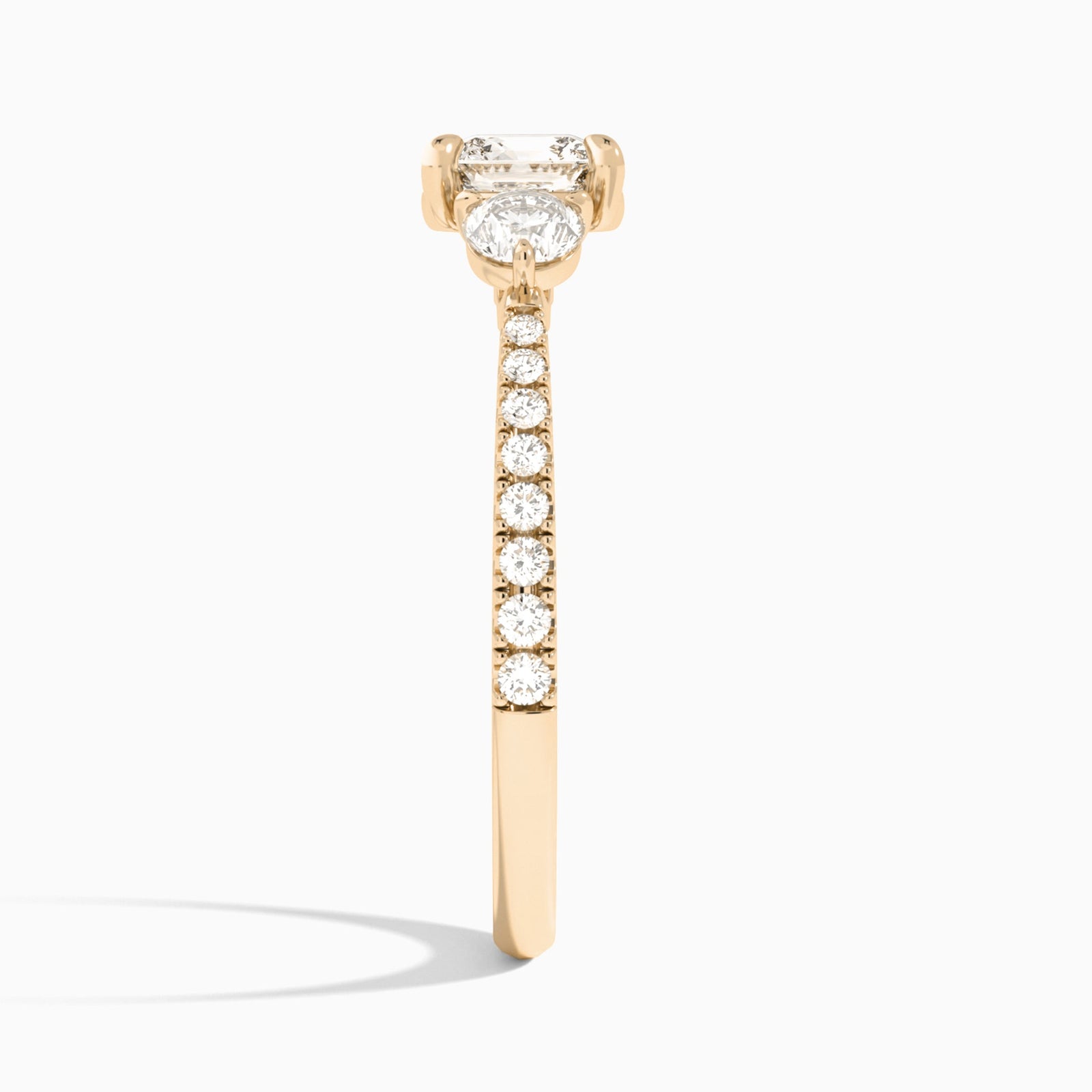 Cushion Luxe Three Stone Pavé Lab Diamond Engagement Ring In 14K Rose Gold, Side View