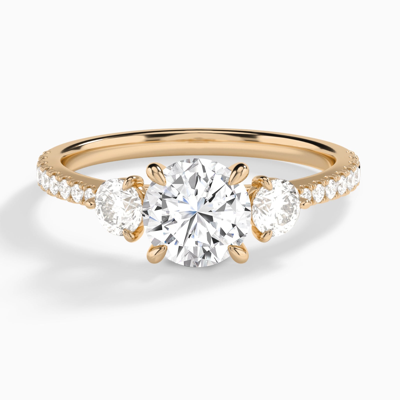 Round Luxe Three Stone Pavé Lab Diamond Engagement Ring In 14K Rose Gold - Lucenjuri