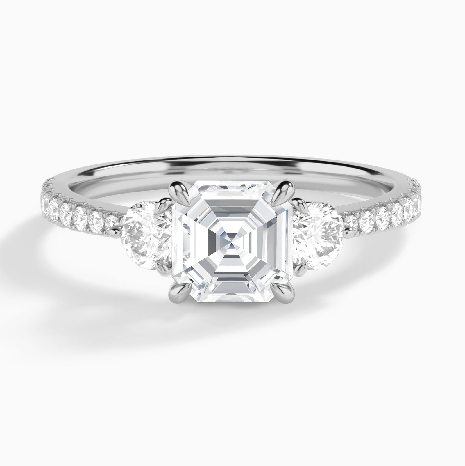 Asscher Luxe Three Stone Pavé Lab Diamond Engagement Ring In 18K White Gold - Lucenjuri
