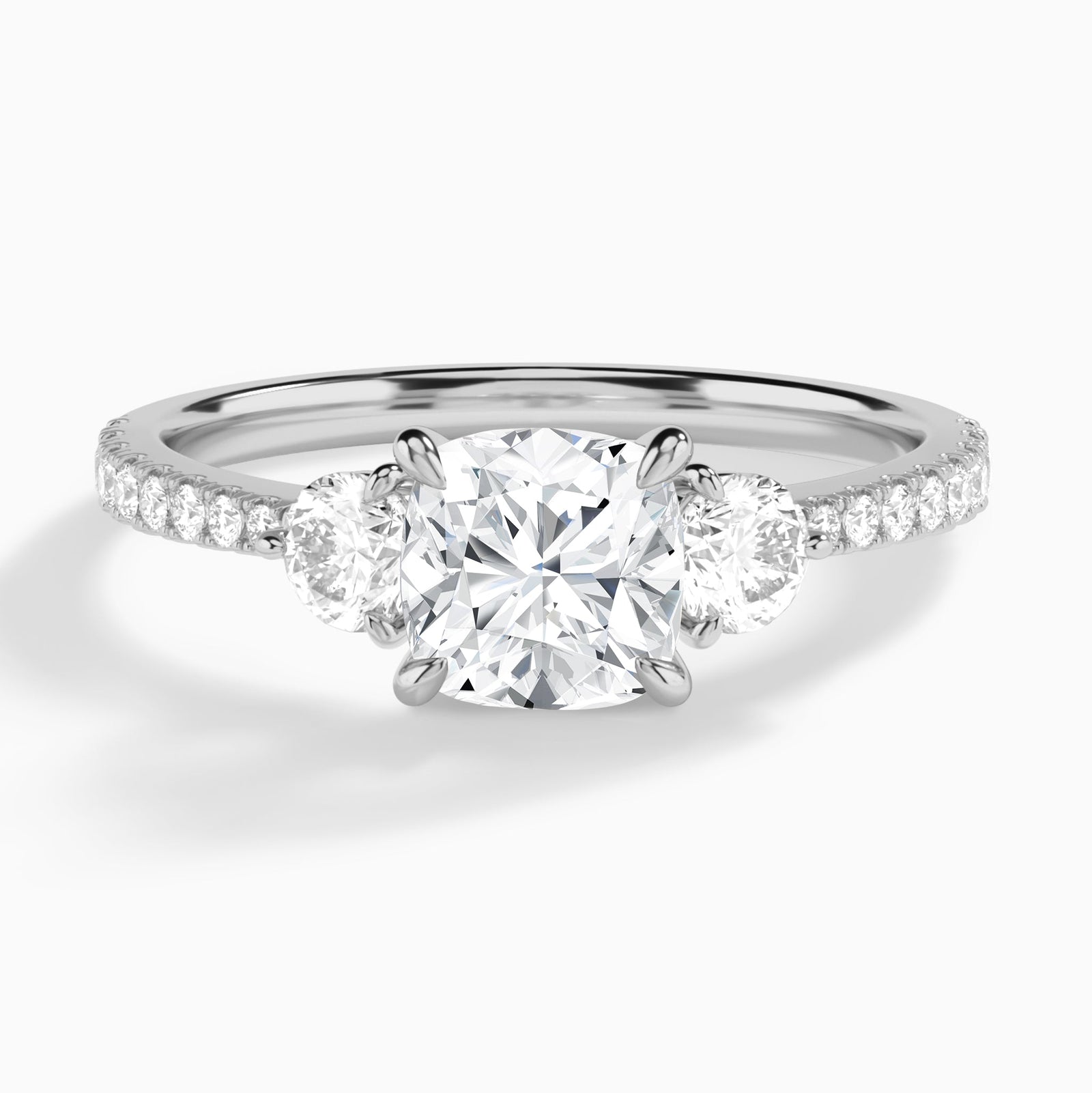 Cushion Luxe Three Stone Pavé Lab Diamond Engagement Ring In 14K White Gold - Lucenjuri