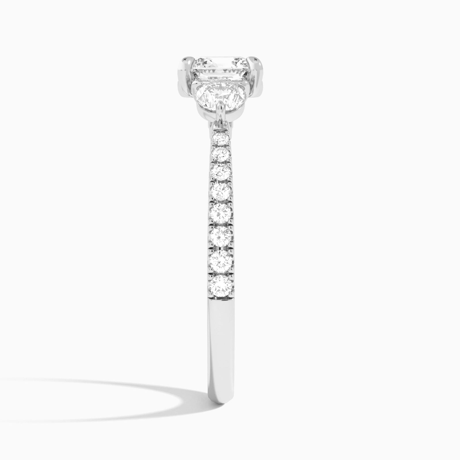 Cushion Luxe Three Stone Pavé Lab Diamond Engagement Ring In 14K White Gold, Side View