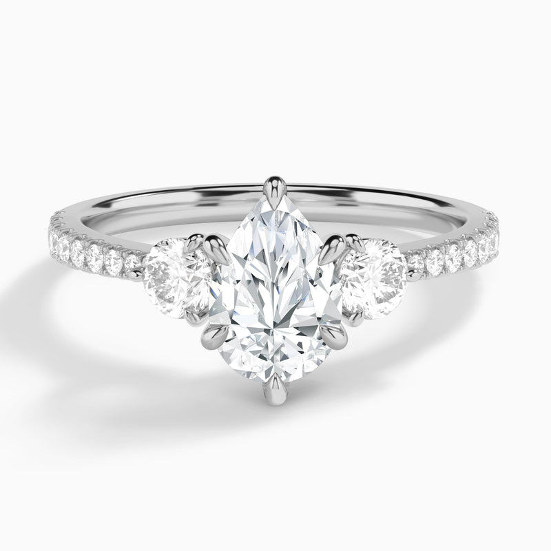 Pear Luxe Three Stone Pavé Lab Diamond Engagement Ring In 14K White Gold - Lucenjuri