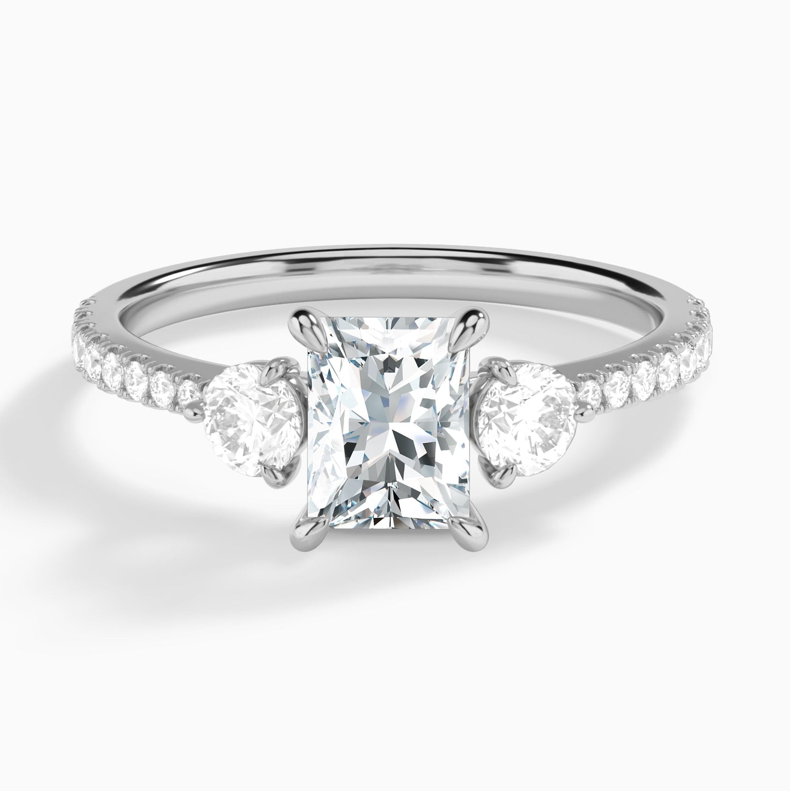 Radiant Luxe Three Stone Pavé Lab Diamond Engagement Ring In 14K White Gold - Lucenjuri
