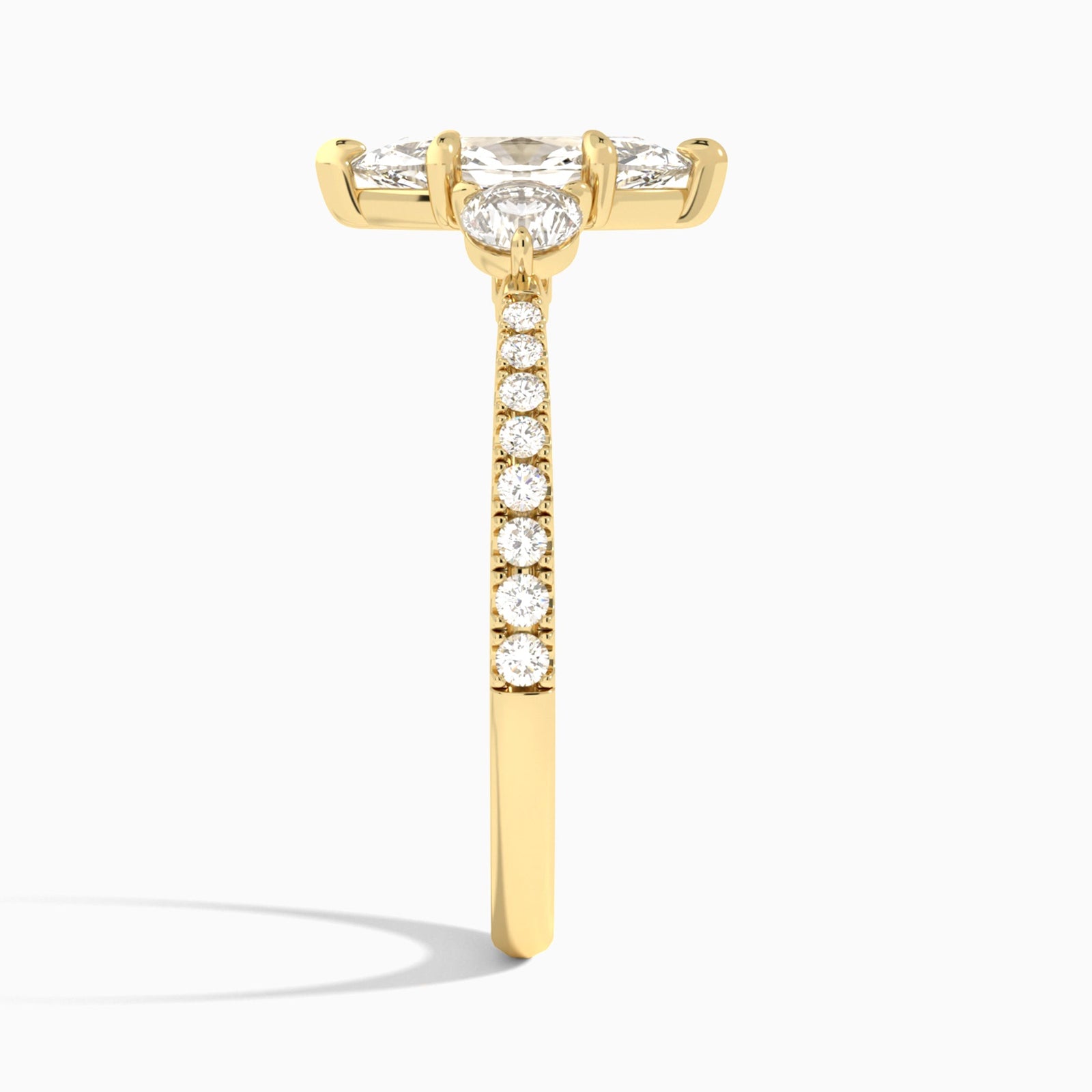 Marquise Luxe Three Stone Pavé Lab Diamond Engagement Ring In 14K Yellow Gold, Side View