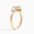 Oval Luxe Three Stone Halo Lab Diamond Engagement Ring In 14K Rose Gold, Angle View