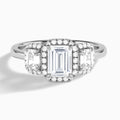 Emerald Luxe Three Stone Halo Lab Diamond Engagement Ring In 14K White Gold - Lucenjuri