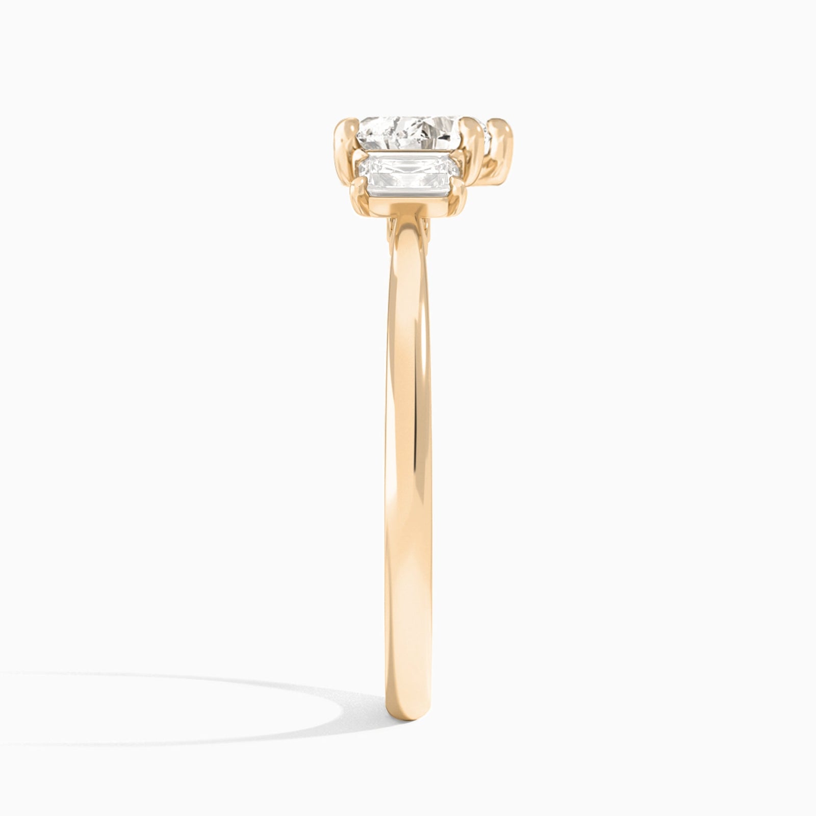 Heart Three Stone Emerald Lab Diamond Engagement Ring In 14K Rose Gold, Side View
