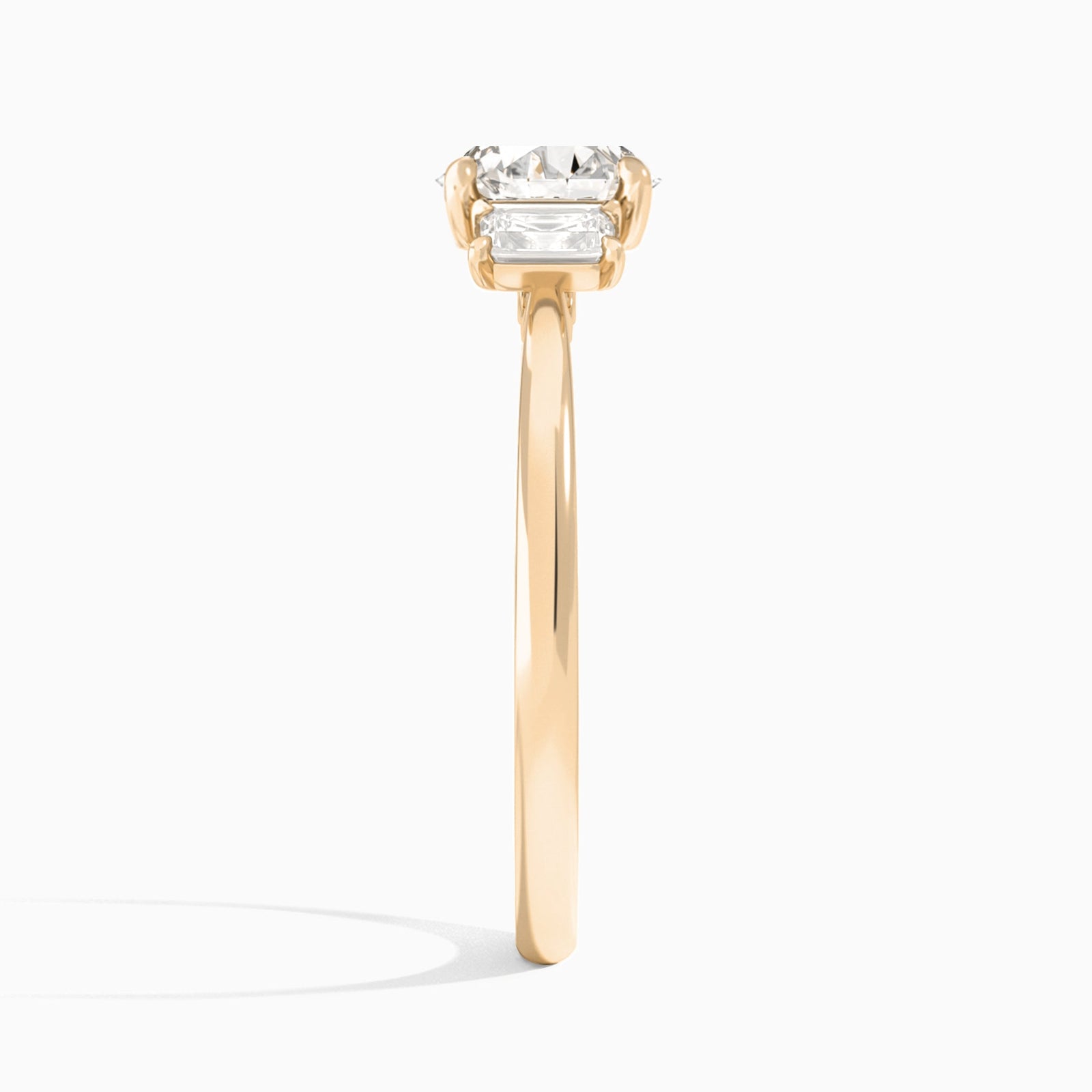 Round Three Stone Emerald Lab Diamond Engagement Ring In 14K Rose Gold, Side View