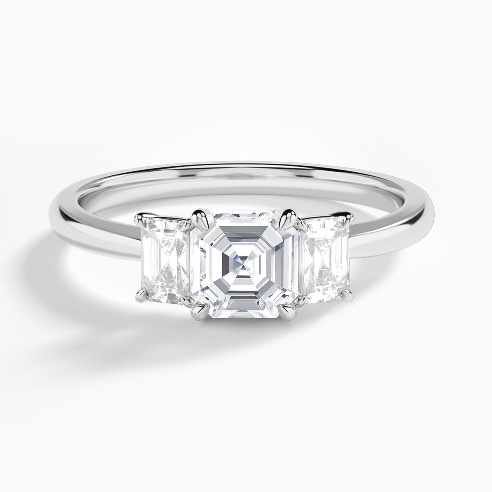 Asscher Three Stone Emerald Lab Diamond Engagement Ring In 18K White Gold - Lucenjuri