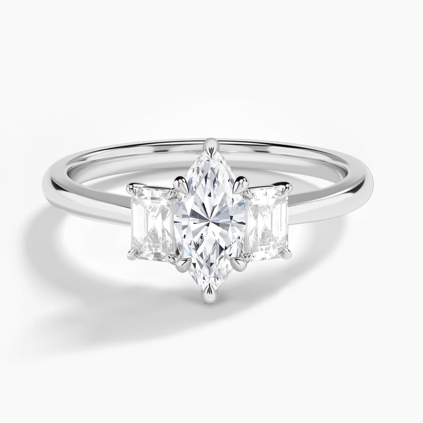 Marquise Three Stone Emerald Lab Diamond Engagement Ring In 14K White Gold - Lucenjuri