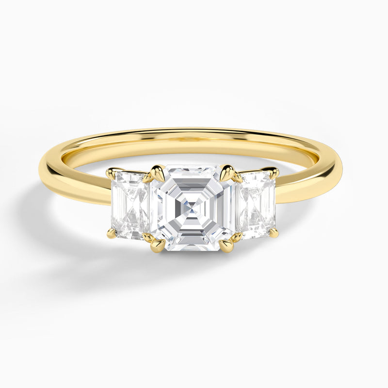 Asscher Three Stone Emerald Lab Diamond Engagement Ring In 14K Yellow Gold - Lucenjuri
