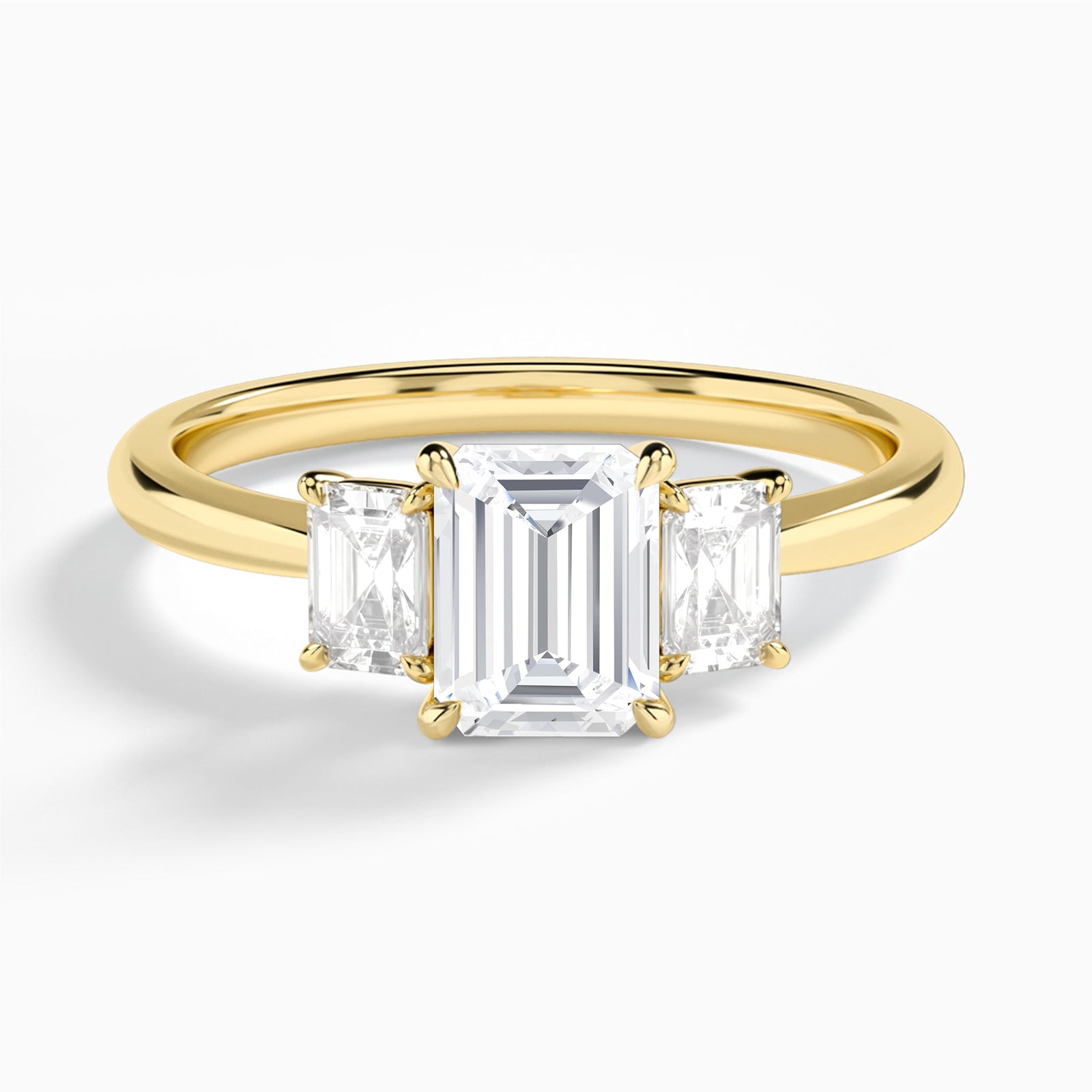 Emerald Three Stone Emerald Lab Diamond Engagement Ring In 14K Yellow Gold - Lucenjuri