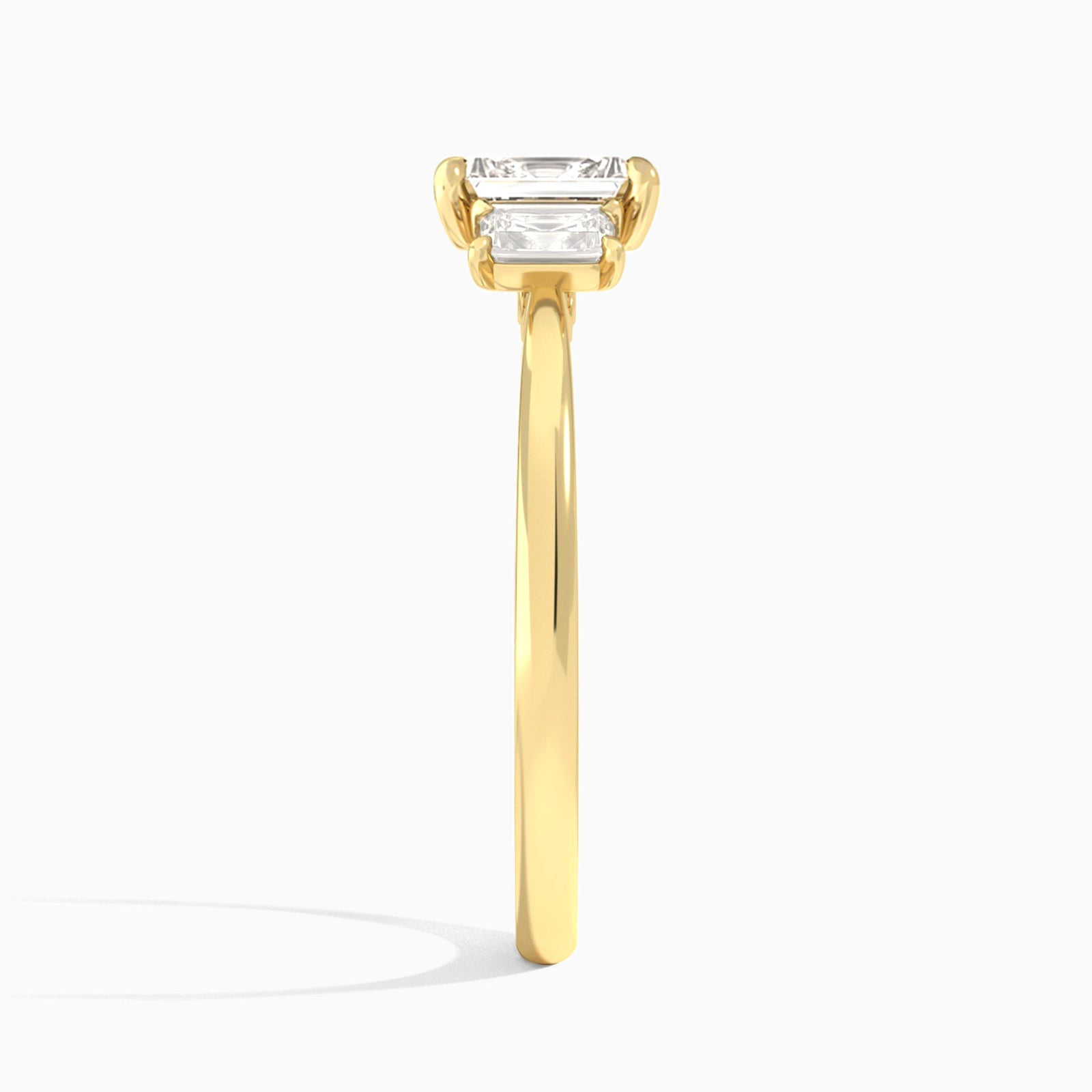 Emerald Three Stone Emerald Lab Diamond Engagement Ring In 14K Yellow Gold, Side View