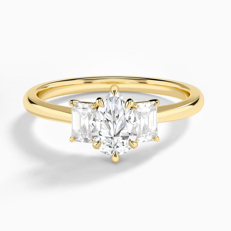 Pear Three Stone Emerald Lab Diamond Engagement Ring In 14K Yellow Gold - Lucenjuri