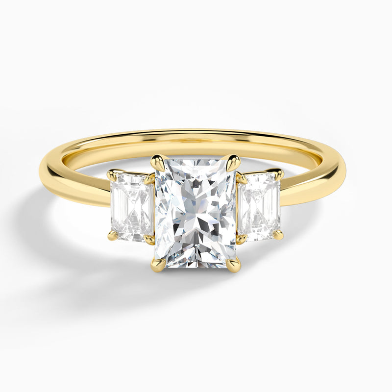 Radiant Three Stone Emerald Lab Diamond Engagement Ring In 14K Yellow Gold - Lucenjuri