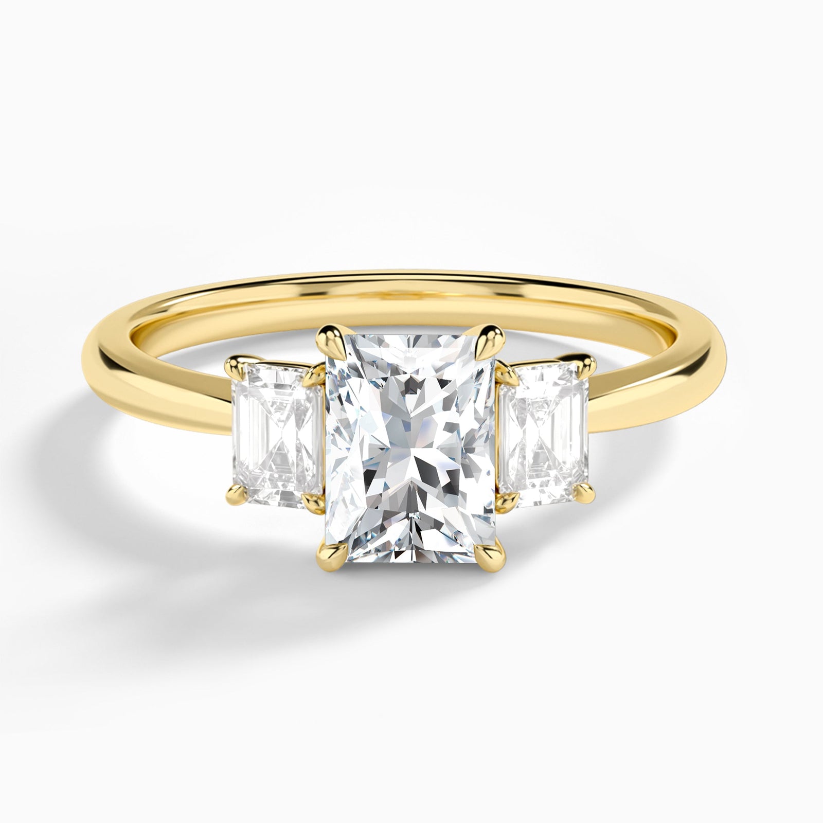 Radiant Three Stone Emerald Lab Diamond Engagement Ring In 18K Yellow Gold - Lucenjuri