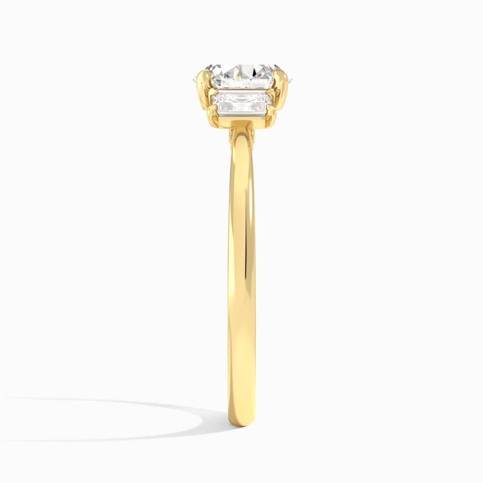 Round Three Stone Emerald Lab Diamond Engagement Ring In 14K Yellow Gold, Side View