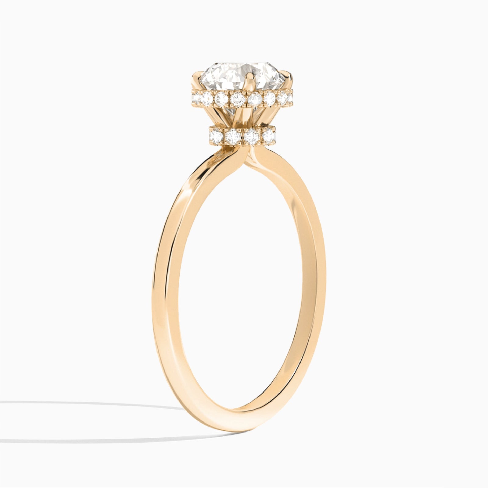 Round Double Hidden Halo Lab Diamond Engagement Ring In 14K Rose Gold, Angle View