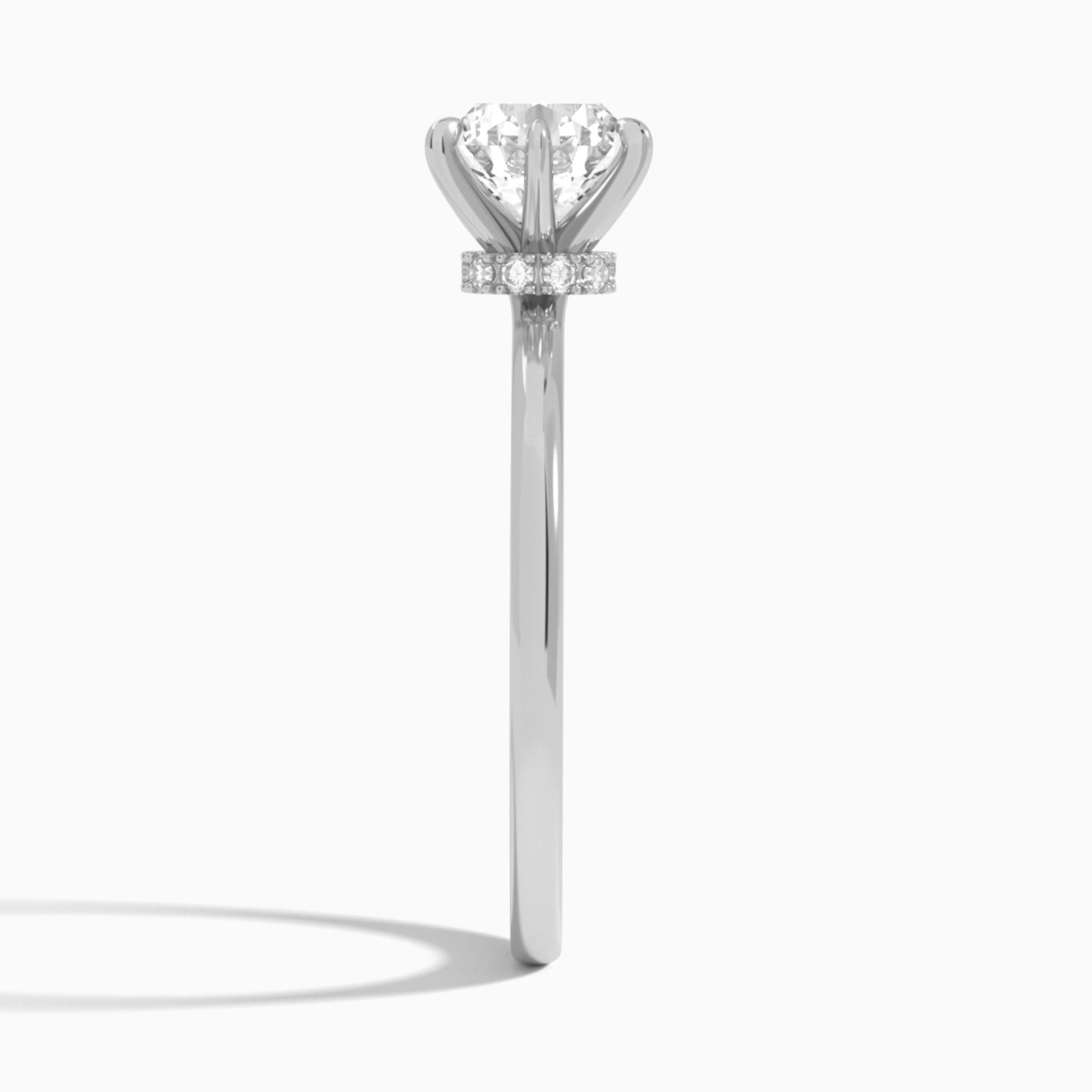 Round Hidden Halo Six-Prong Lab Diamond Engagement Ring In 18K White Gold, Side View