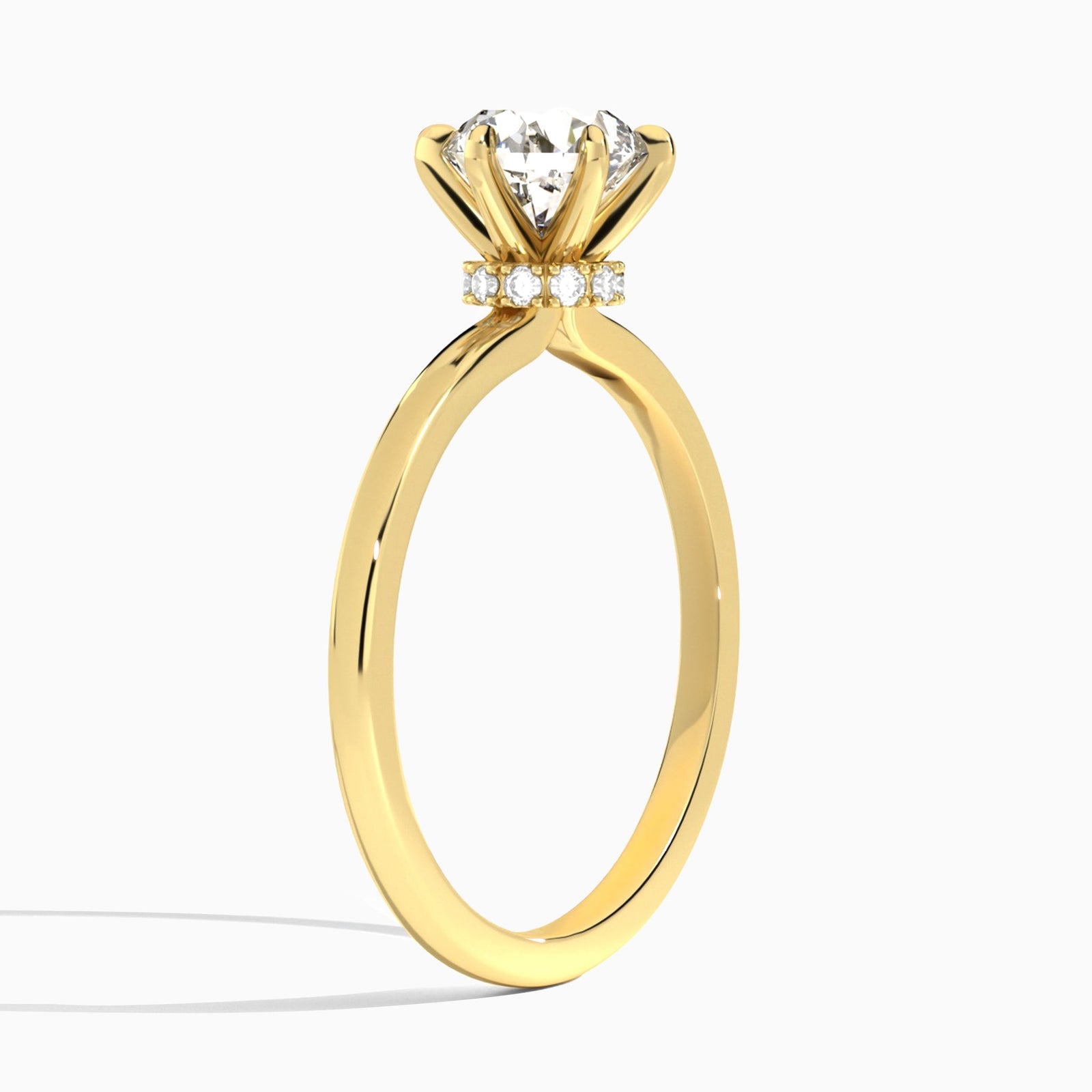 Round Hidden Halo Six-Prong Lab Diamond Engagement Ring In 18K Yellow Gold, Angle View