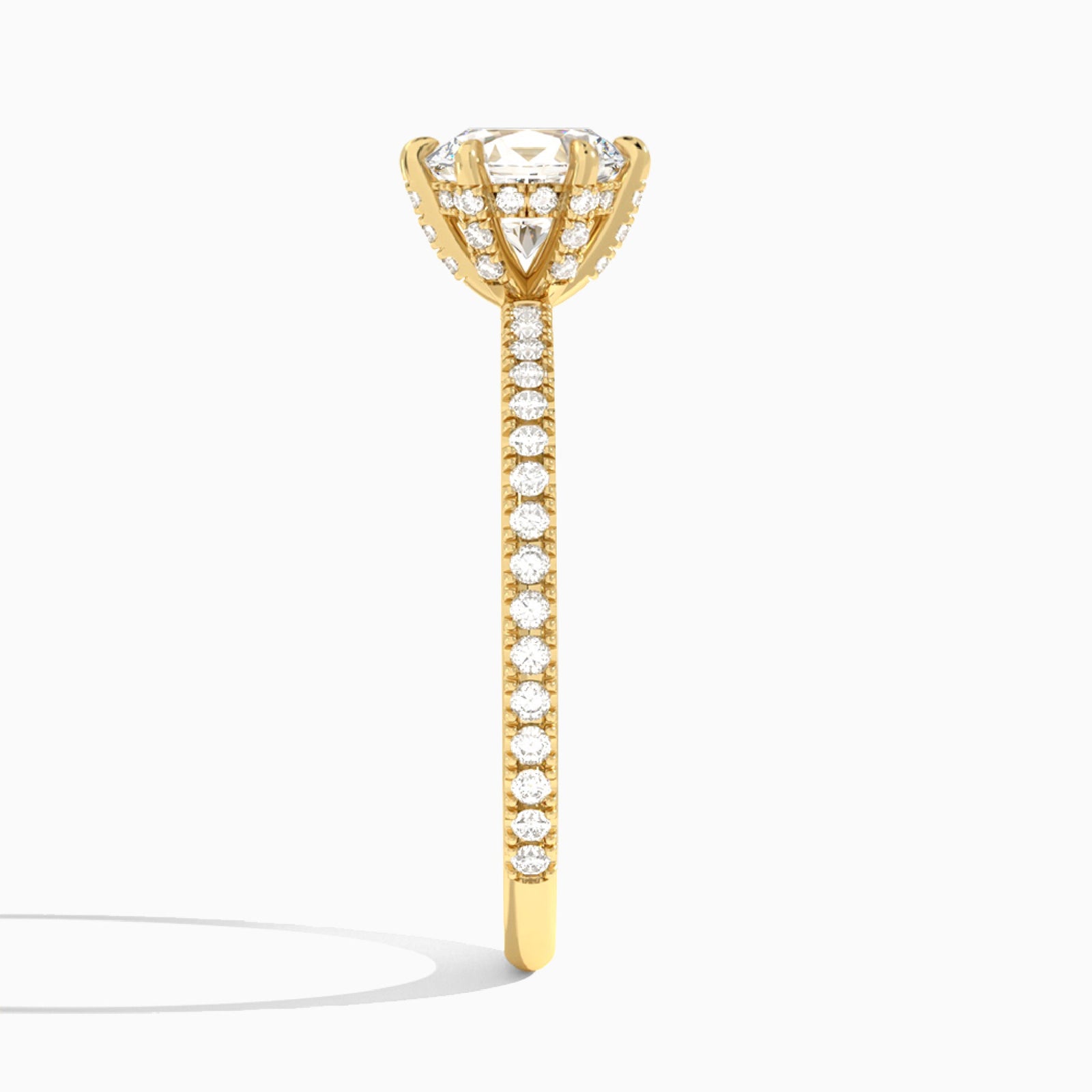 Oval Luxe Six-Prong Pavé Lab Diamond Engagement Ring In 14K Yellow Gold, Side View