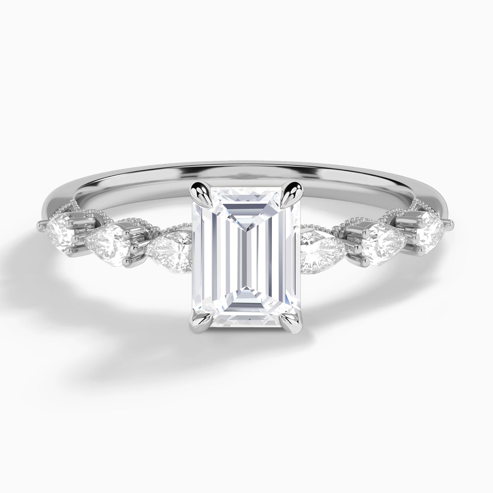 Emerald Crescent Pear Lab Diamond Engagement Ring In 14K White Gold - Lucenjuri