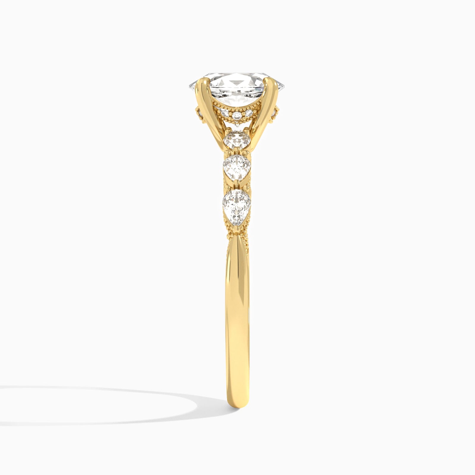 Oval Crescent Pear Lab Diamond Engagement Ring In 14K Yellow Gold, Side View