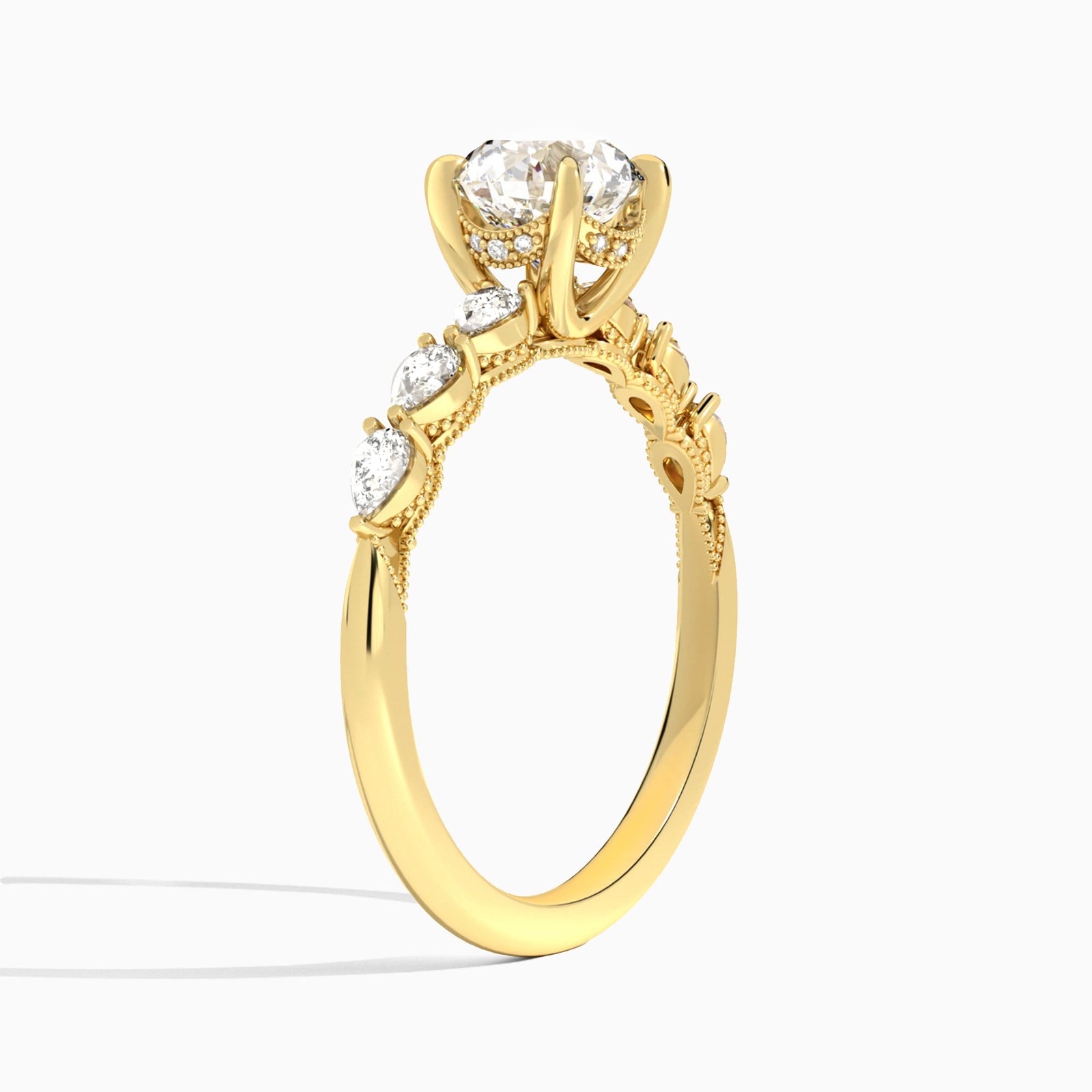 Round Crescent Pear Lab Diamond Engagement Ring In 14K Yellow Gold, Angle View